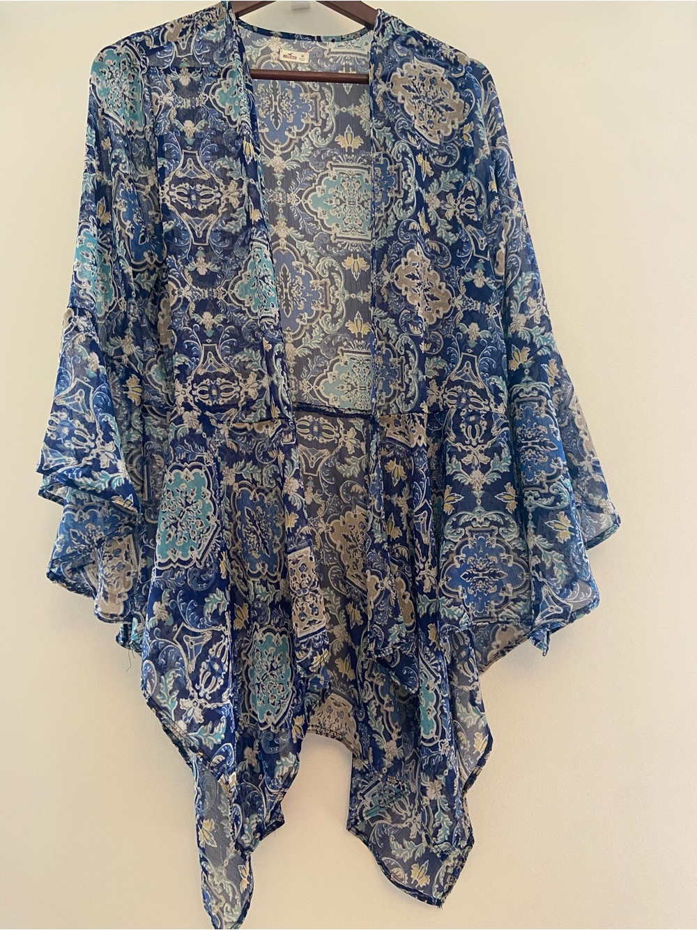 Boho Blue Patterned Sheer Kimono Cover-Up